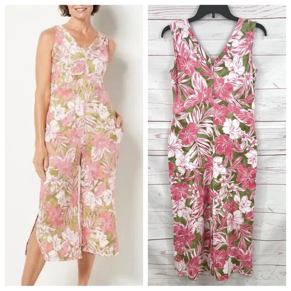 Cuddl Duds V-neck Wide Leg Crop Flexwear Romper Jumpsuit Tropical Pink Floral